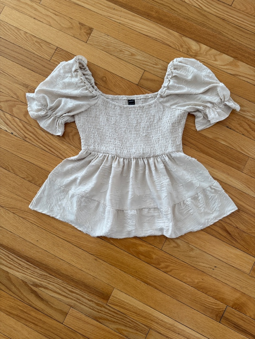 SHEIN White Smocked Puff-Sleeve Peplum Blouse - Size Medium
